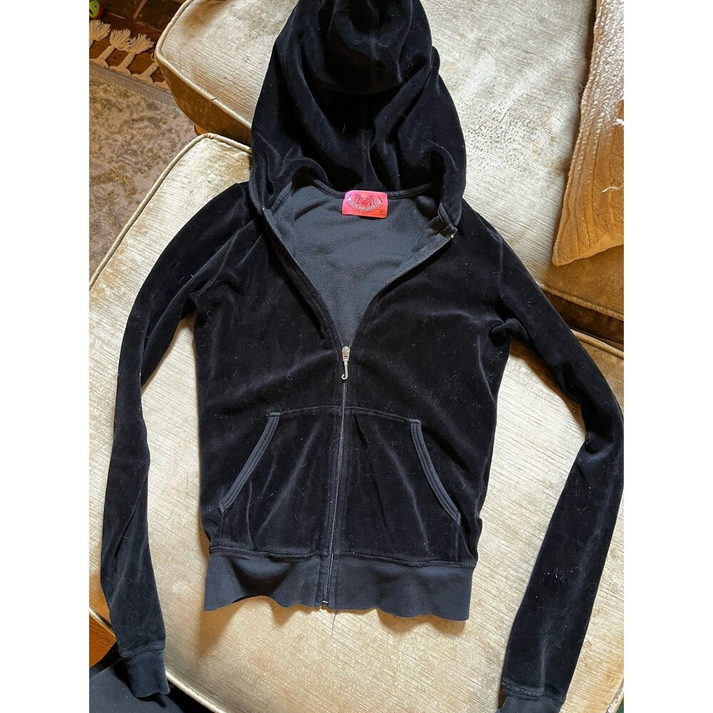 Juicy Couture OG Black Velour Zip-Up Hoodie Size P Y2K Vintage Trendy
